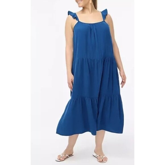 J. Crew Plus 2X Blue Ruffle Gathered Tiered Strap Cotton Gauze Maxi Dress Pocket - Picture 1 of 10